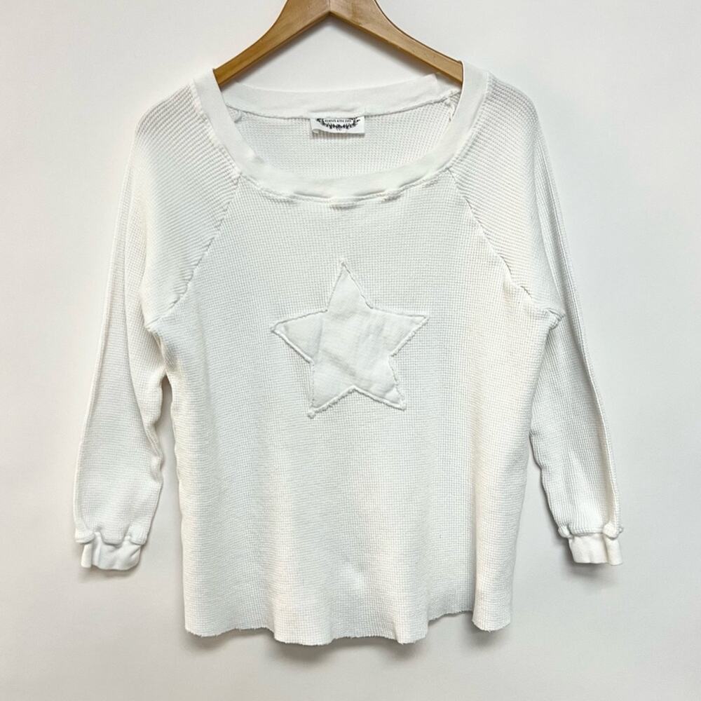 Eden's 6th Day White Waffle Knit Thermal Star Print Long Sleeve S/M